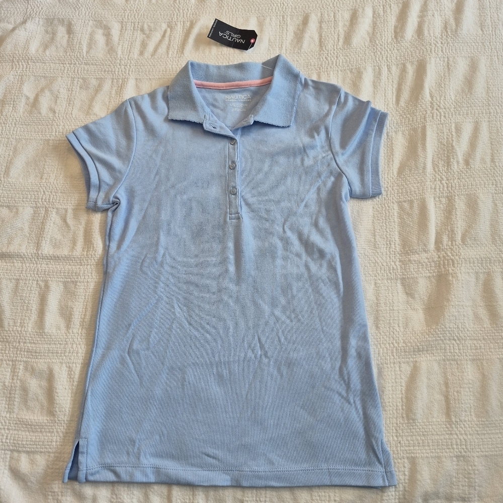 Nautica girls size Large 12/14 light blue polo shirt NWT